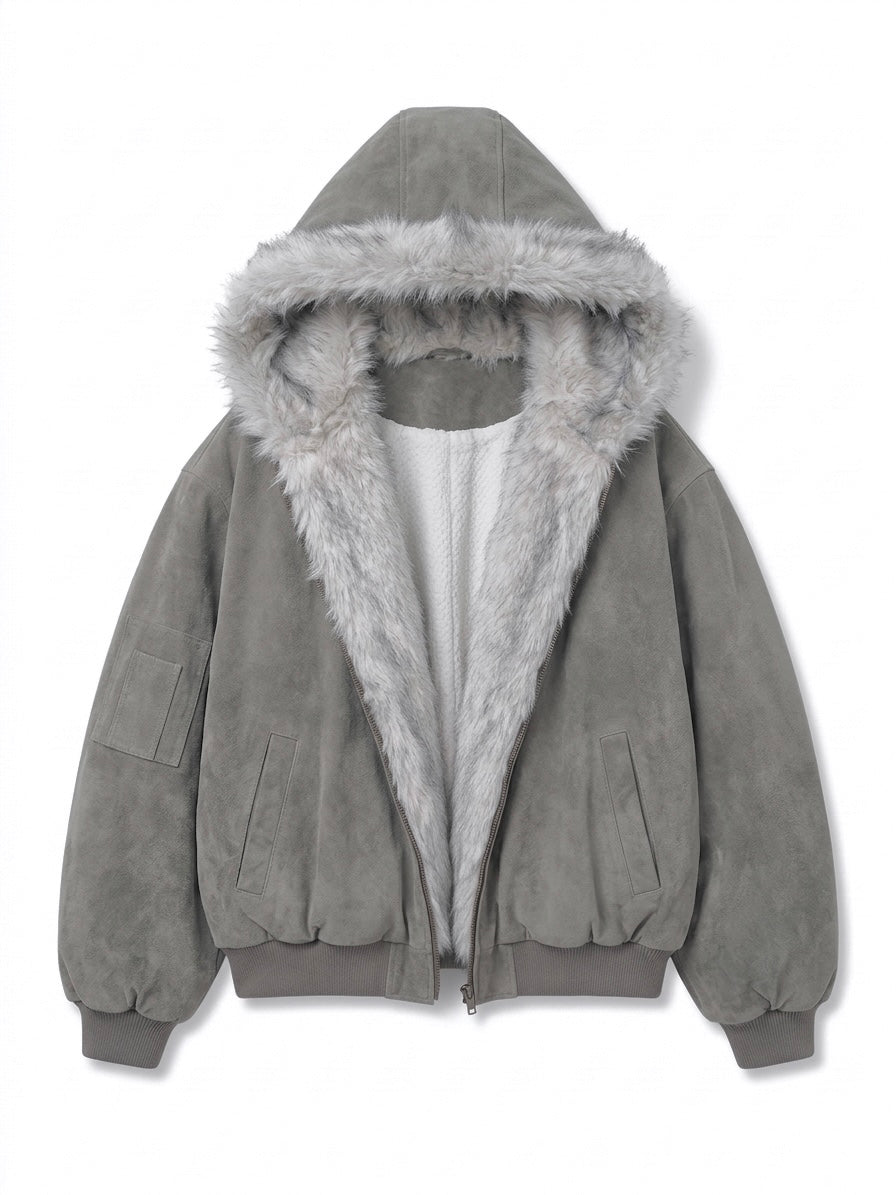 Oversized Faux-Fur Trim Bomber Jacket