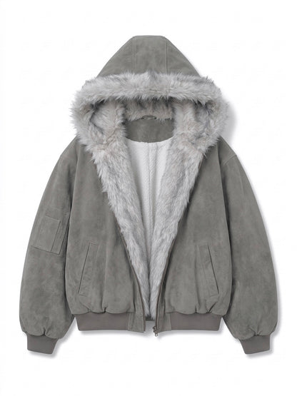 Oversized Faux-Fur Trim Bomber Jacket