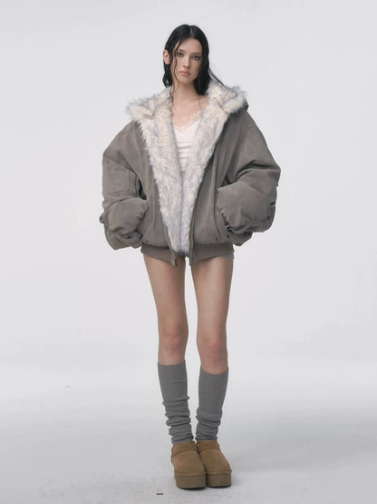 Oversized Faux-Fur Trim Bomber Jacket