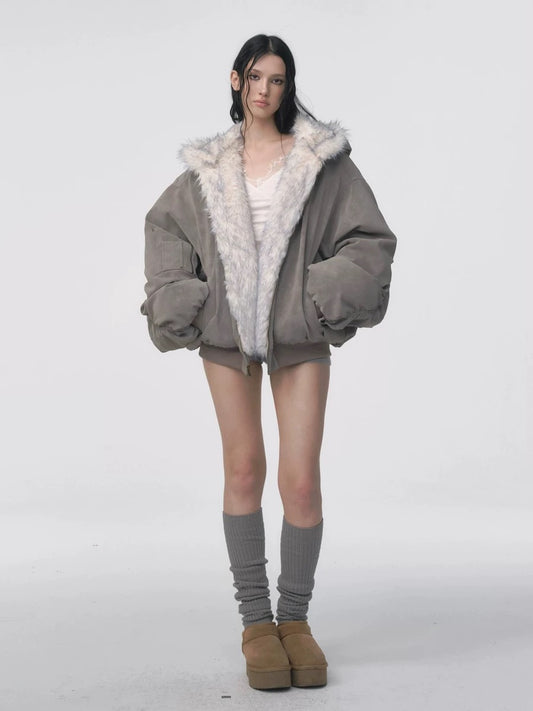 Oversized Faux-Fur Trim Bomber Jacket