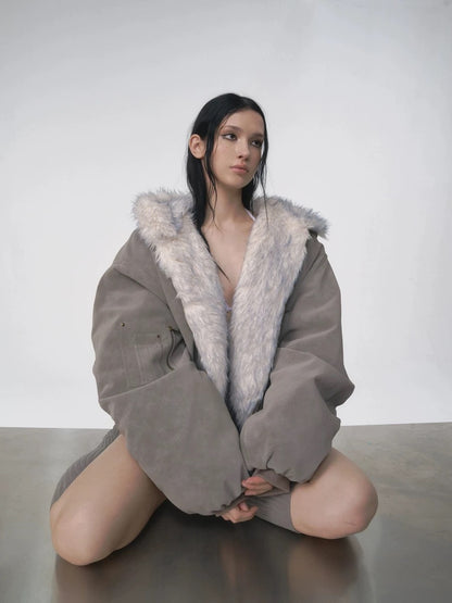 Oversized Faux-Fur Trim Bomber Jacket