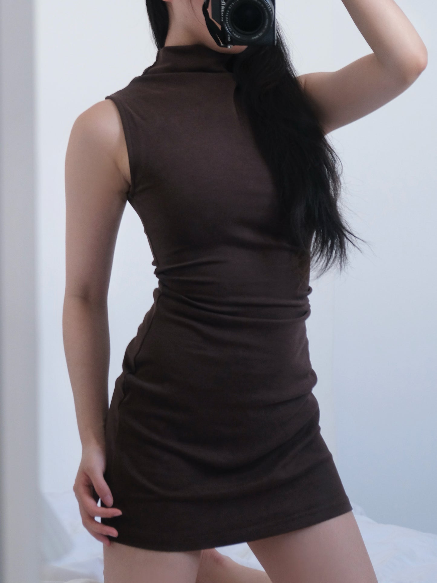 Mock Neck Ruched Mini Dress